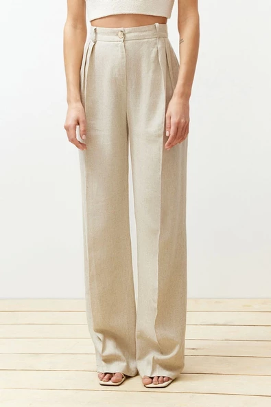 Kadın Yeni Moda Geniş Paça Regular Boy Dokuma Nervürlü Wide Leg Geniş Paça Pamuk Keten Pantolon