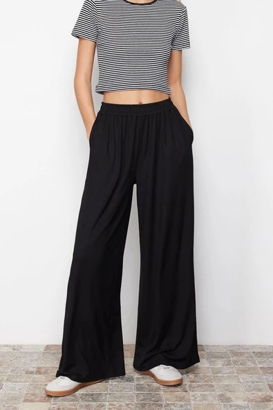 Kadın Yeni Moda Geniş Paça Regular Boy Örme Wide Leg Fitilli Esnek Örme Pantolon - 3