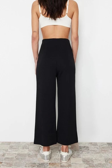 Kadın Yeni Moda Geniş Paça Regular Boy Örme Culotte Fit Kesik Detaylı Yüksek Bel Pantolon - 4