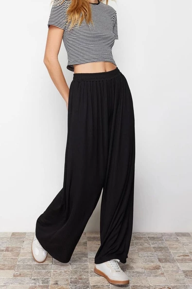Kadın Yeni Moda Geniş Paça Regular Boy Örme Wide Leg Fitilli Esnek Örme Pantolon - 2