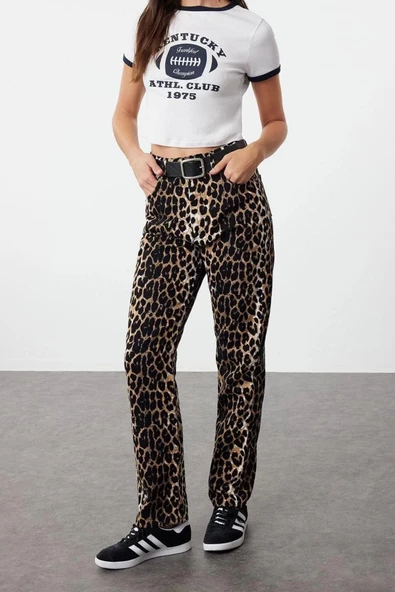 Kadın Yeni Moda Geniş Paça Regular Boy Dokuma Leopar Desenli Düz Kesim Pantolon - 2