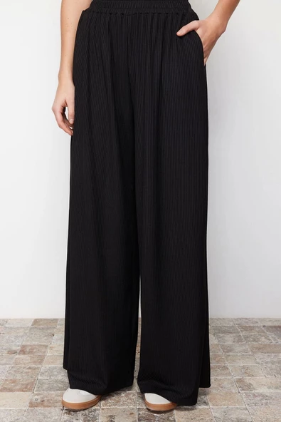 Kadın Yeni Moda Geniş Paça Regular Boy Örme Wide Leg Fitilli Esnek Örme Pantolon - 1