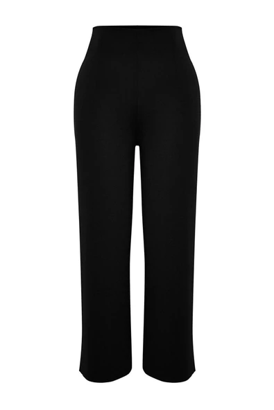 Kadın Yeni Moda Geniş Paça Regular Boy Örme Culotte Fit Kesik Detaylı Yüksek Bel Pantolon - 5