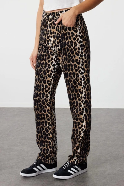 Kadın Yeni Moda Geniş Paça Regular Boy Dokuma Leopar Desenli Düz Kesim Pantolon - 7