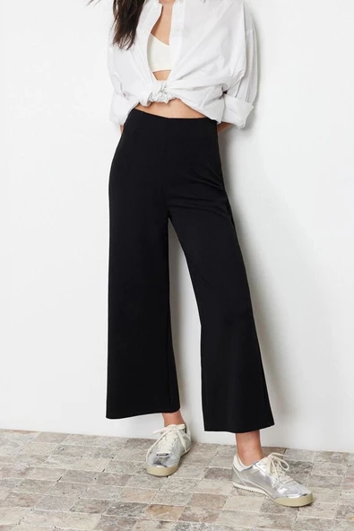 Kadın Yeni Moda Geniş Paça Regular Boy Örme Culotte Fit Kesik Detaylı Yüksek Bel Pantolon - 3