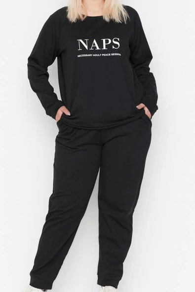 Kadın Moda Şık Büyük Beden Bisiklet Yaka Lastikli Paça Uzun Kol Baskılı Pamuklu Örme Pijama Takımı