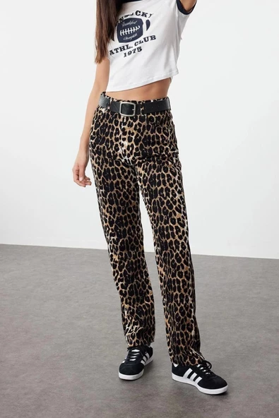 Kadın Yeni Moda Geniş Paça Regular Boy Dokuma Leopar Desenli Düz Kesim Pantolon - 3