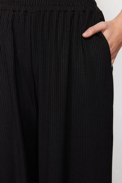Kadın Yeni Moda Geniş Paça Regular Boy Örme Wide Leg Fitilli Esnek Örme Pantolon - 5