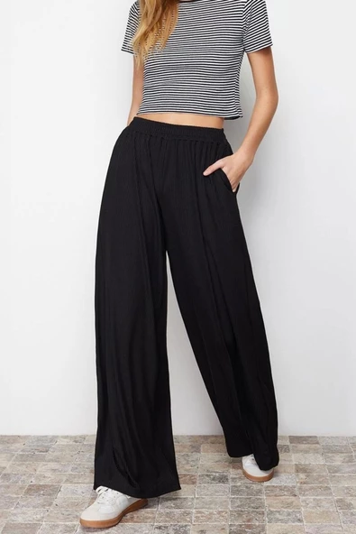Kadın Yeni Moda Geniş Paça Regular Boy Örme Wide Leg Fitilli Esnek Örme Pantolon - 4