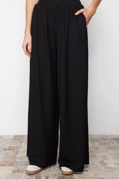 Kadın Yeni Moda Geniş Paça Regular Boy Örme Wide Leg Fitilli Esnek Örme Pantolon - 7