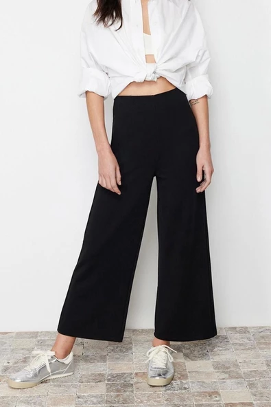 Kadın Yeni Moda Geniş Paça Regular Boy Örme Culotte Fit Kesik Detaylı Yüksek Bel Pantolon - 2