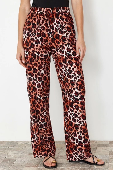 Kadın Yeni Moda Geniş Paça Regular Boy Dokuma Beli Lastikli Geniş Paça Leopar Desenli Pantolon - 7