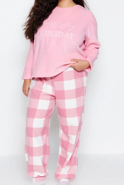 Kadın Büyük Beden Dar Paça Uzun Kol Nakış Detaylı Ekose Kareli Polar Örme Pijama Takımı - 2