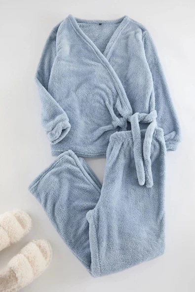 Kadın Moda Şık Büyük Beden Kruvaze Boru Paça Uzun Kol Yaka Wellsoft Peluş Örme Pijama Takımı