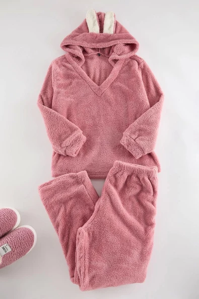 Kadın Moda Büyük Beden Kapüşonlu Boru Paça Uzun Kol Wellsoft Peluş Kulak Detaylı Örme Pijama Takımı