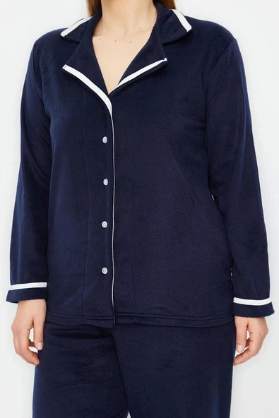 Kadın Moda Şık Büyük Beden Ceket Yaka Boru Paça Uzun Kol Gömlek Yaka Biyeli Polar Örme Pijama Takımı - 4