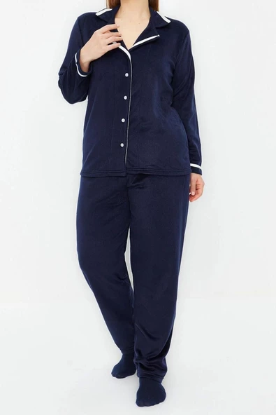 Kadın Moda Şık Büyük Beden Ceket Yaka Boru Paça Uzun Kol Gömlek Yaka Biyeli Polar Örme Pijama Takımı - 2