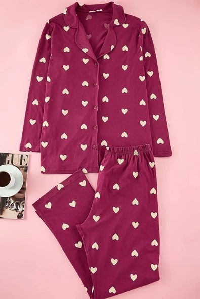 Kadın Moda Şık Büyük Beden Gömlek Yaka Geniş Paça Uzun Kol Vişne Kalpli Örme Pijama Takımı