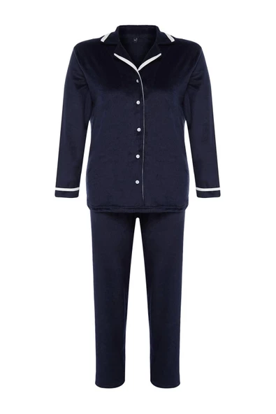 Kadın Moda Şık Büyük Beden Ceket Yaka Boru Paça Uzun Kol Gömlek Yaka Biyeli Polar Örme Pijama Takımı