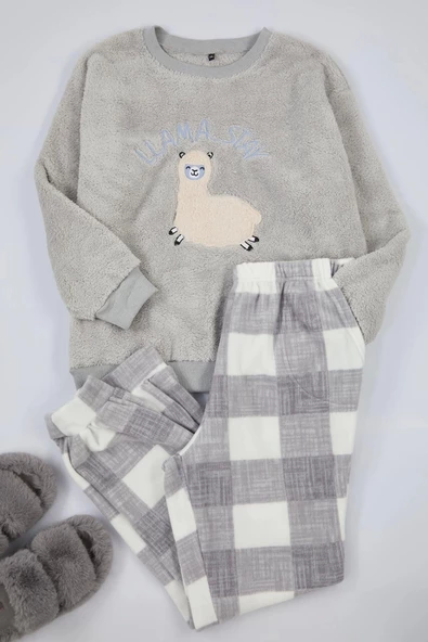 Kadın Moda Büyük Beden Bisiklet Yaka Lastikli Paça Uzun Kol Wellsoft Lama Desenli Örme Pijama Takımı