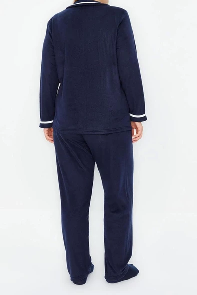 Kadın Moda Şık Büyük Beden Ceket Yaka Boru Paça Uzun Kol Gömlek Yaka Biyeli Polar Örme Pijama Takımı - 5