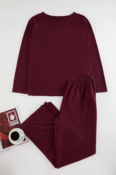 Kadın Moda Şık Büyük Beden Bisiklet Yaka Geniş Paça Uzun Kol Paçaları Yırtmaçlı Örme Pijama Takımı