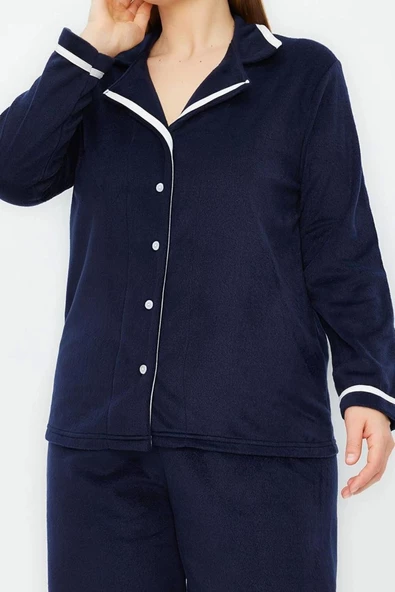 Kadın Moda Şık Büyük Beden Ceket Yaka Boru Paça Uzun Kol Gömlek Yaka Biyeli Polar Örme Pijama Takımı - 3