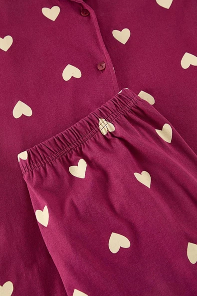 Kadın Moda Şık Büyük Beden Gömlek Yaka Geniş Paça Uzun Kol Vişne Kalpli Örme Pijama Takımı - 3