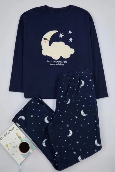 Kadın Moda Şık Büyük Beden Bisiklet Yaka Boru Paça Uzun Kol Galaksi Desenli Polar Örme Pijama Takımı