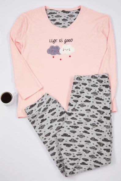 Kadın Moda Şık Büyük Beden Bisiklet Yaka Boru Paça Uzun Kol Bulut Desenli Örme Pijama Takımı