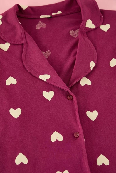 Kadın Moda Şık Büyük Beden Gömlek Yaka Geniş Paça Uzun Kol Vişne Kalpli Örme Pijama Takımı - 2