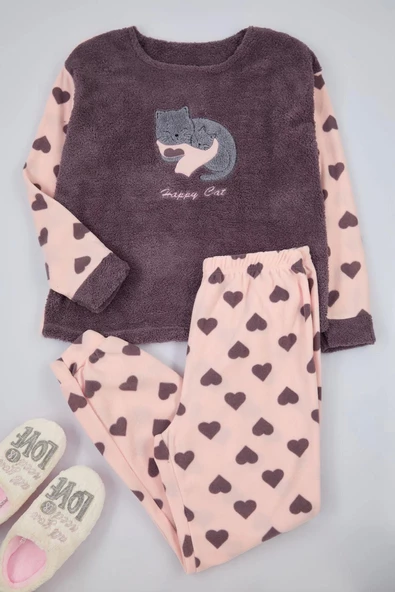 Kadın Moda Büyük Beden Bisiklet Yaka Boru Paça Uzun Kol Kalpli Uyku Bantlı Polar Örme Pijama Takımı
