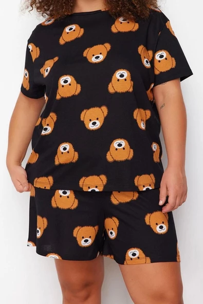 Kadın Moda Büyük Beden Bisiklet Yaka Geniş Paça Kısa Kol Ayıcık Baskılı Pamuklu Örme Pijama Takımı - 4