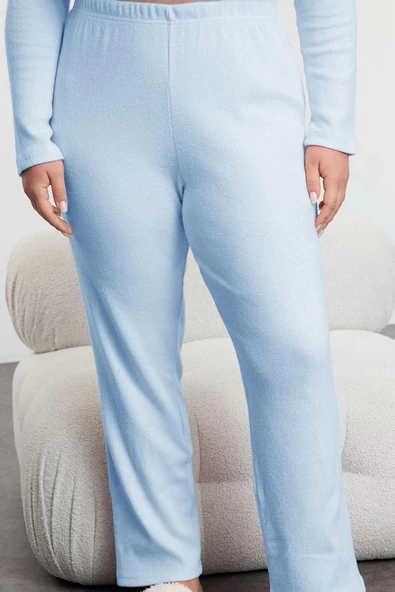 Kadın Moda Şık Büyük Beden V Yaka Boru Paça Uzun Kol Fırçalı Soft Fitilli Hırkalı Örme Pijama Takımı - 3