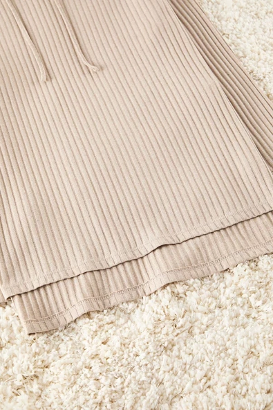 Kadın Moda Şık Kapüşonlu Boru Paça Uzun Kol Pamuklu Fitilli Örme Pijama Takımı - 2