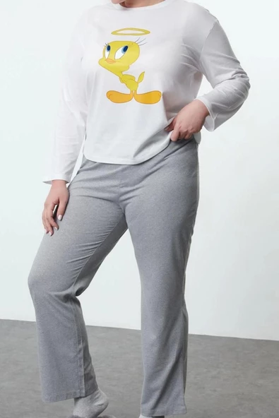 Kadın Moda Şık Büyük Beden Bisiklet Yaka Boru Paça Uzun Kol Tweety Örme Pijama Takımı