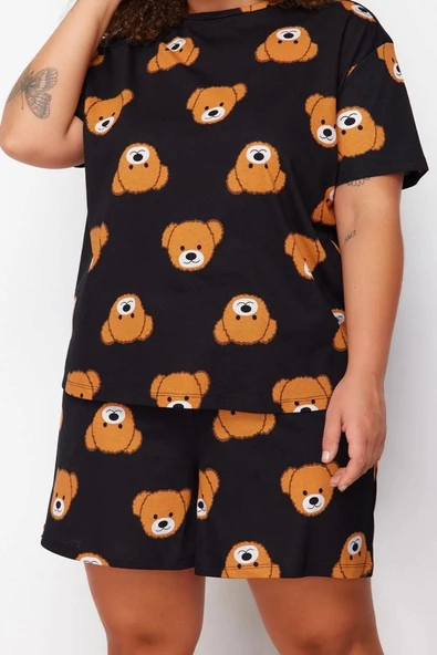 Kadın Moda Büyük Beden Bisiklet Yaka Geniş Paça Kısa Kol Ayıcık Baskılı Pamuklu Örme Pijama Takımı - 3