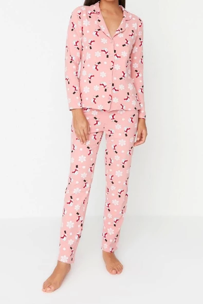 Kadın Moda Şık Gömlek Yaka Boru Paça Uzun Kol %100 Pamuk Yılbaşı Temalı Örme Pijama Takımı - 3