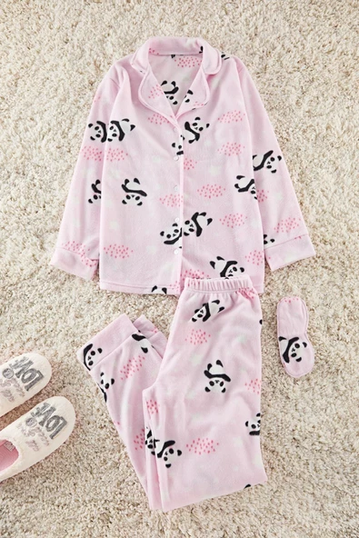 Kadın Moda Ceket Yaka Boru Paça Uzun Kol Panda Desenli Uyku Bantlı Polar Kışlık Örme Pijama Takımı