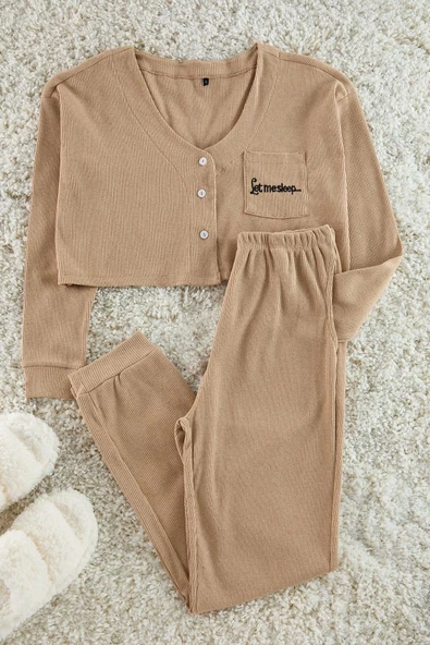 Kadın Moda Şık V Yaka Boru Paça Uzun Kol Fitilli Pamuklu Nakışlı Örme Pijama Takımı