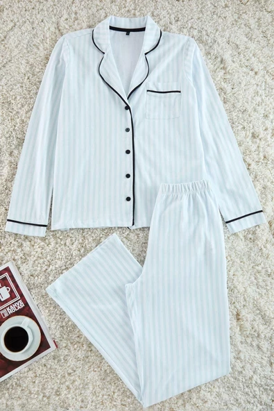 Kadın Moda Şık Gömlek Yaka Geniş Paça Uzun Kol %100 Pamuklu Çizgili Biyeli Örme Pijama Takımı