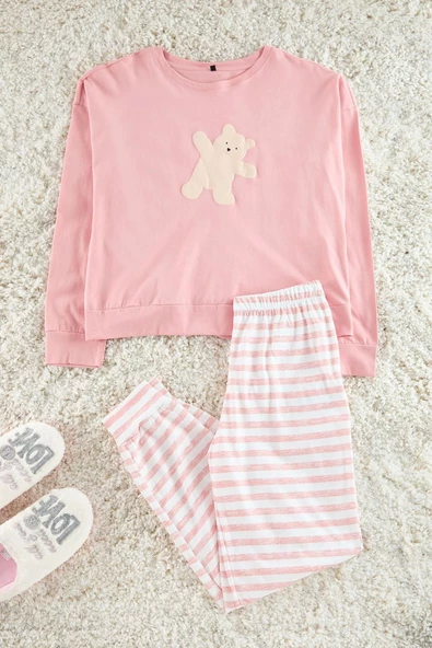 Kadın Moda Şık Bisiklet Yaka Lastikli Paça Uzun Kol %100 Pamuklu Ayıcık Baskılı Örme Pijama Takımı