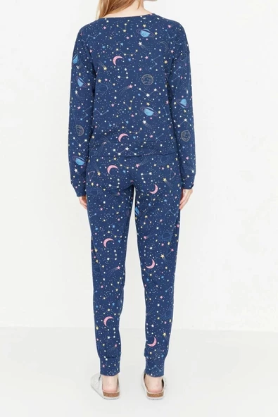 Kadın Moda Şık Bisiklet Yaka Lastikli Paça Uzun Kol %100 Pamuklu Galaksi Desenli Örme Pijama Takımı - 6