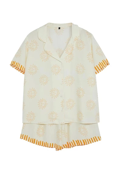 Kadın Moda Şık Büyük Beden Gömlek Yaka Boru Paça Uzun Kol Güneş Desenli Dokuma Pijama Takımı