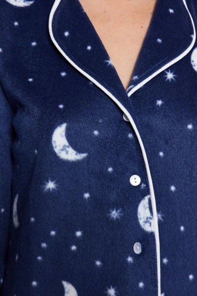 Kadın Moda Şık Ceket Yaka Boru Paça Uzun Kol Ay Desenli Polar Kışlık Örme Pijama Takımı - 5