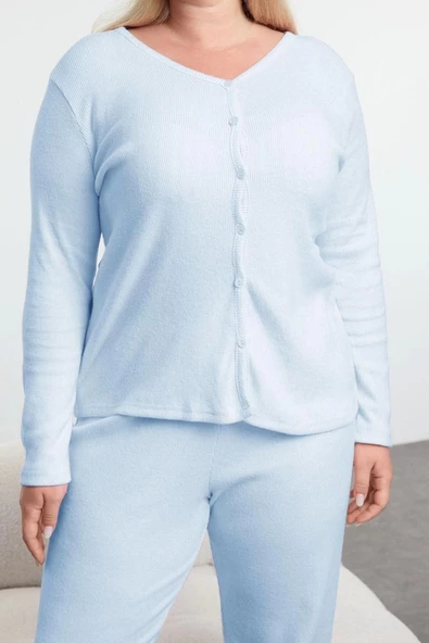 Kadın Moda Şık Büyük Beden V Yaka Boru Paça Uzun Kol Fırçalı Soft Fitilli Hırkalı Örme Pijama Takımı - 2