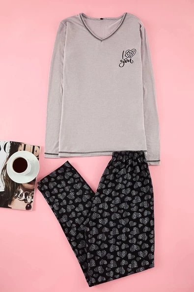Kadın Moda Şık V Yaka Boru Paça Uzun Kol Pijama Takımı