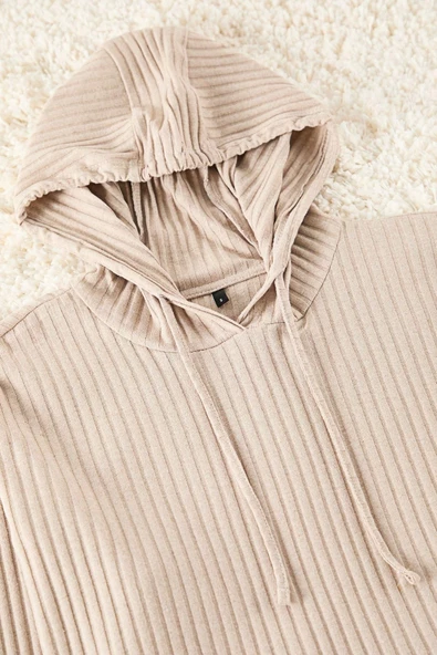 Kadın Moda Şık Kapüşonlu Boru Paça Uzun Kol Pamuklu Fitilli Örme Pijama Takımı - 3