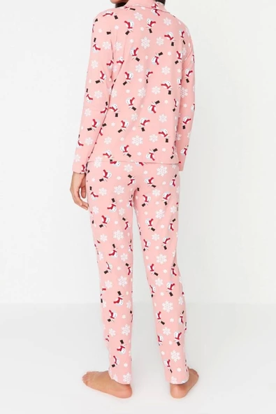 Kadın Moda Şık Gömlek Yaka Boru Paça Uzun Kol %100 Pamuk Yılbaşı Temalı Örme Pijama Takımı - 6