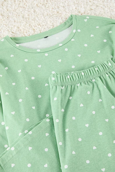 Kadın Moda Büyük Beden Bisiklet Yaka Boru Paça Uzun Kol Kalp ve Puantiye Desenli Örme Pijama Takımı - 2